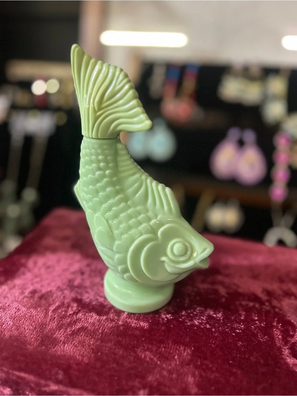 Vintage Avon Topaze Jadeite Green Milk Glass Koi Gold Fish Bubble Bath Bottle